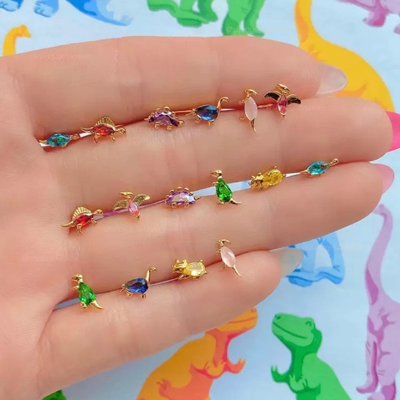 Dainty Dinosaur Series: Pink Marquise Crystal Duck-Billed Dinosaur Stud Earrings - Picture 9 of 9